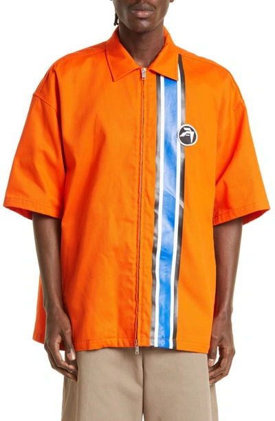 Ambush Striped Zipped Short-sleeve Shirt In Orange,blue