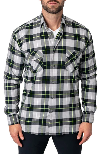 Maceoo Plaid Embroidered Cotton Flannel Button-up Shirt In Black