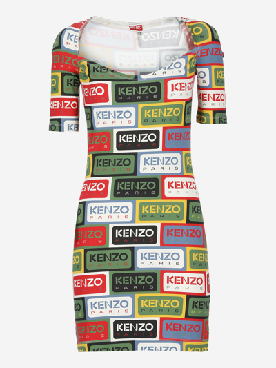 Kenzo Label Bodycon Midi Dress In Multicolor