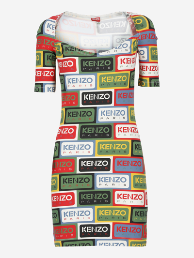 Kenzo Label Bodycon Midi Dress In Multicolour