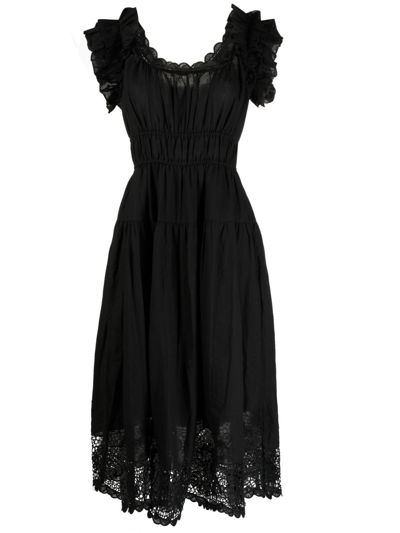 Ulla Johnson Leona Cotton-linen Lace-hem Midi Dress In Black