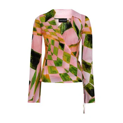 Louisa Ballou Endgame-print Silk-jersey Wrap Shirt In Pink,multi