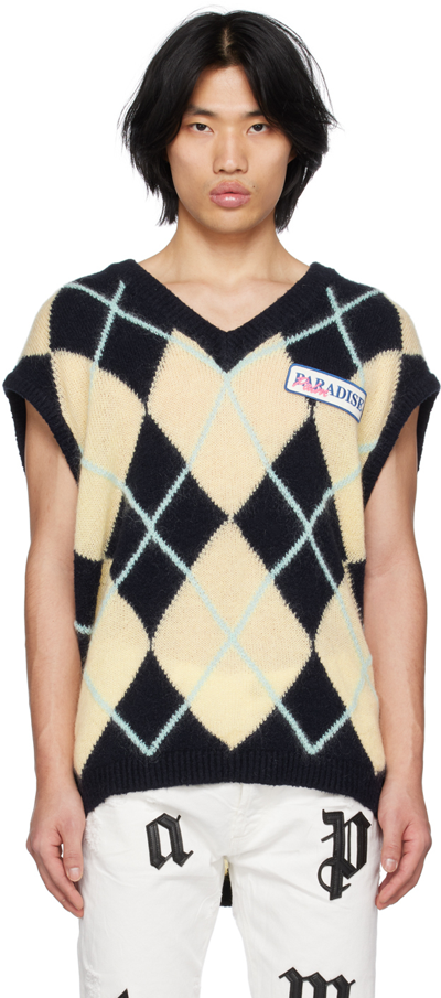 Palm Angels Logo-patch Argyle Knitted Vest In 1019 Black Light