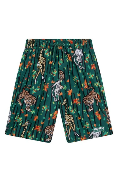 Kenzo Kids' Animal-print Knee-length Swim Shorts In Dark Green