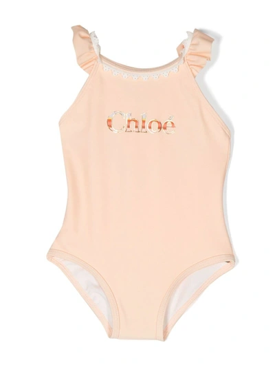 Chloé Babies' Ruffle-trim Logo-print Swimsuit In Neutrals
