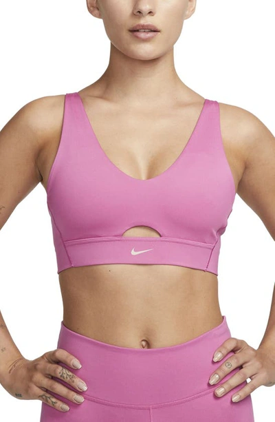 Nike Dri-fit Indy Padded Strappy Cutout Medium Support Sports Bra In Cosmic Fuchsia/ Fossil Stone