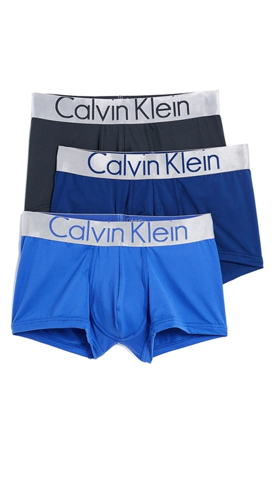 Calvin Klein Underwear Steel Micro 3 Pack Low Rise Trunks In Midnight/mink/cobalt Water