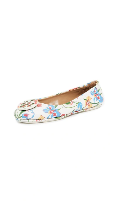 Tory Burch Minnie Travel Floral-print Leather Ballet Flats In Painted Iris