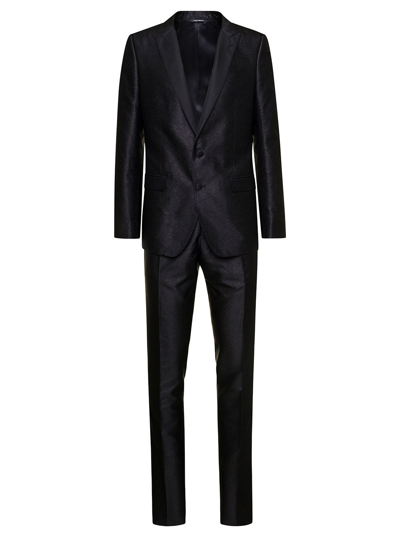 Dolce & Gabbana 'martini' Black Single-brested Tuxedo Suit In Silk Lamé Jacquard Man