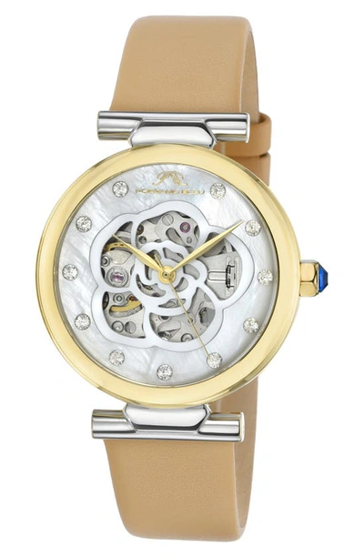 Porsamo Bleu Laura White Topaz Automatic Leather Strap Watch, 36mm In Beige Multi
