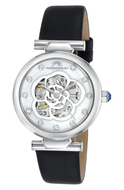 Porsamo Bleu Laura White Topaz Automatic Leather Strap Watch, 36mm In Black Silver