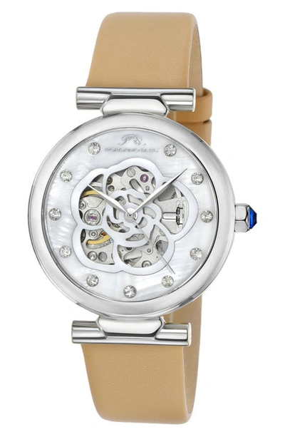 Porsamo Bleu Laura White Topaz Leather Strap Watch, 36mm In Beige Silver