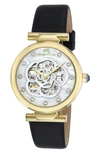 Porsamo Bleu Laura White Topaz Automatic Leather Strap Watch, 36mm In Black Gold