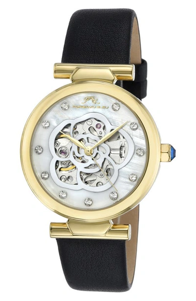 Porsamo Bleu Laura White Topaz Automatic Leather Strap Watch, 36mm In Black Gold