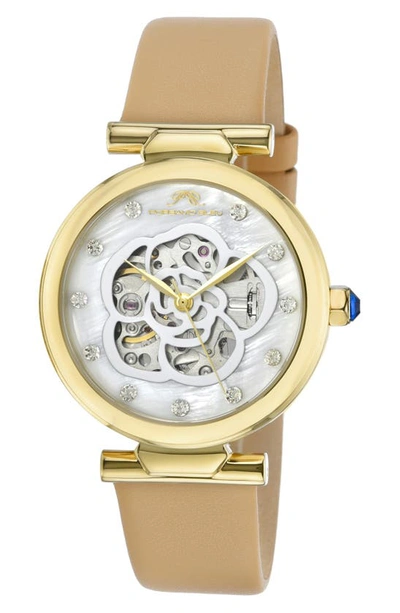 Porsamo Bleu Laura White Topaz Automatic Leather Strap Watch, 36mm In Beige Gold