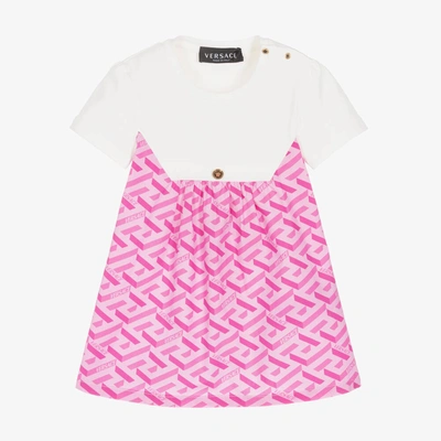 Versace Babies' Girls White & Pink La Greca Logo Dress