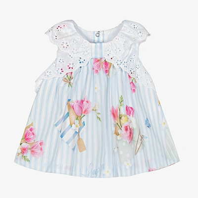 Lapin House Baby Girls Blue Striped Cotton Floral Dress