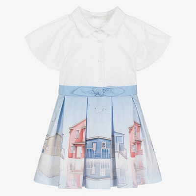 Lapin House Babies' Girls White & Blue Beach Hut Print Dress