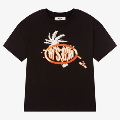Msgm Kids' Boys Black Cotton Palm Tree Logo T-shirt