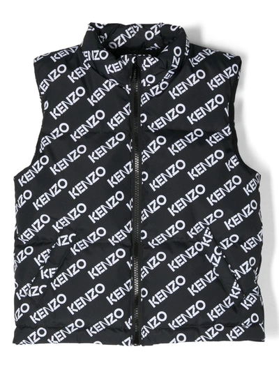 Kenzo Kids' All Over Logo Print Nylon Down Vest In Black,white