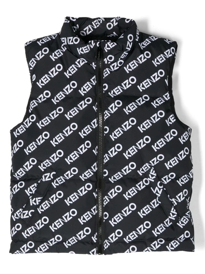 Kenzo Kids' All Over Logo Print Nylon Down Waistcoat In Black,white