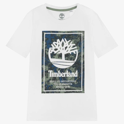 Timberland Teen Boys White Cotton Logo T-shirt In Bianco