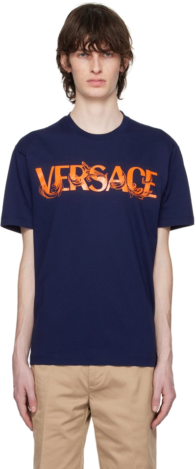 Versace Barocco Embroidered Logo T-shirt In Blue