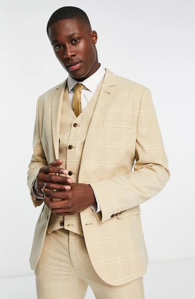 Asos Design Skinny Suit Jacket In Stone Windowpane Check-neutral