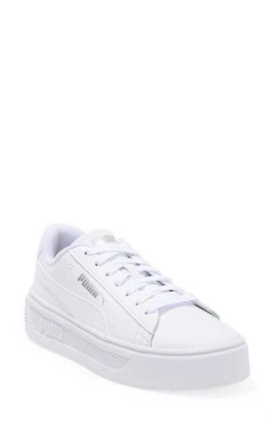 Puma Smash V3 Snake Embossed Leather Platform Sneaker In White-white-silver