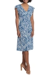 London Times V-neck Ruffle Midi Dress In Blue/ White