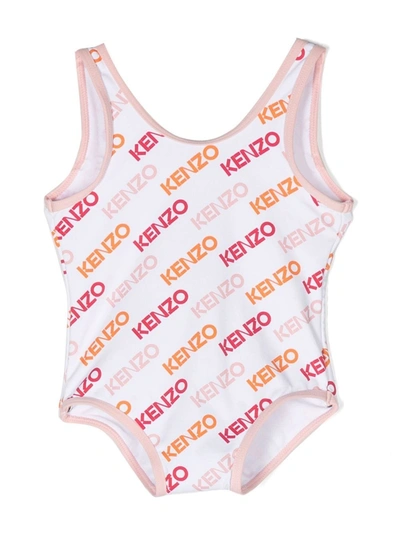 Kenzo Babies' Logo-print Open-back Swimsuit In Bianco