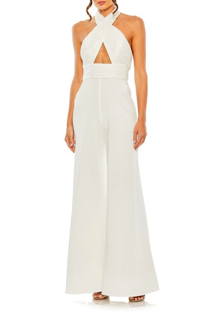 Mac Duggal Women's Sequined Halterneck Wide-leg Jumpsuit In White