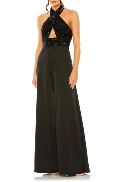 Mac Duggal Women's Sequined Halterneck Wide-leg Jumpsuit In Black