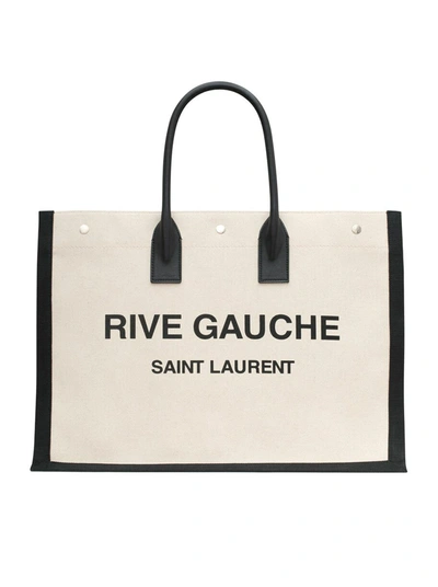 Saint Laurent Men's Rive Gauche Large Tote Bag In Canvas And Smooth Leather In Grey