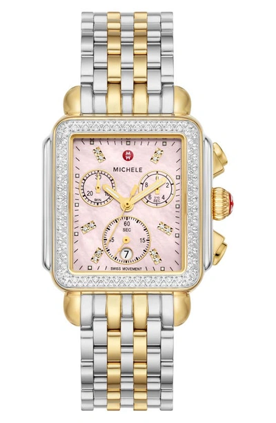 Michele 33mm Deco Diamond Two-tone Bracelet Watch In Country Rose