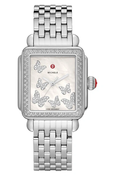 Michele 33mm Limited Edition Deco Diamond Butterfly Watch In Stainless Steel In Silver