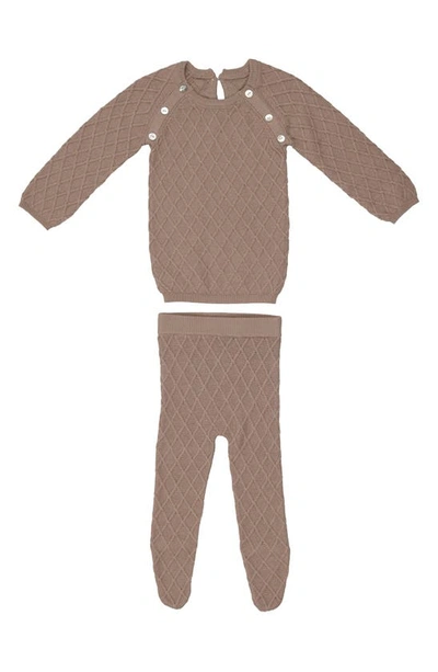 Maniere Babies' Diamond Stitch Cotton Long Sleeve Top & Footed Pants Set In Beige