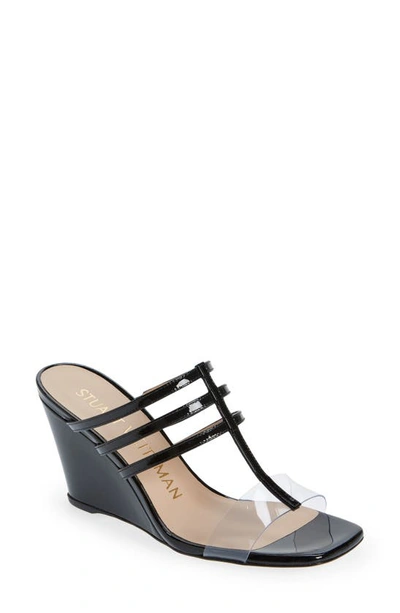 Stuart Weitzman Deco 85 Wedge Sandal In Black/ Clear