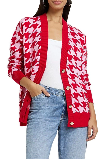 Oversized Cardigan River Island Pink Dogtooth Cardigan River