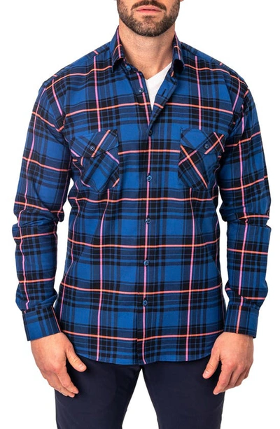 Maceoo Plaid Embroidered Cotton Flannel Button-up Shirt In Blue