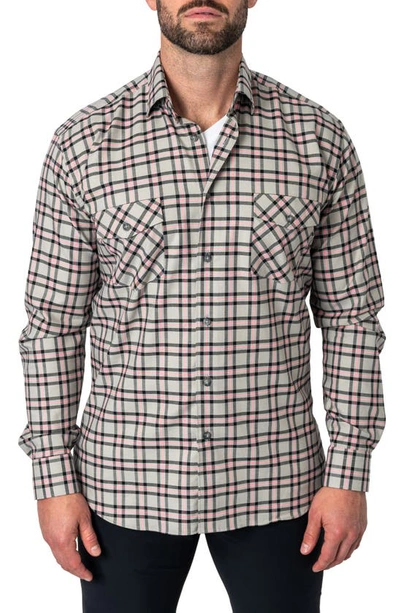 Maceoo Plaid Embroidered Cotton Flannel Button-up Shirt In Pink Grey