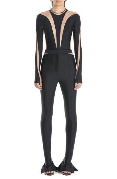Mugler Illusion Inset Long Sleeve Bodysuit In Black Nude 2