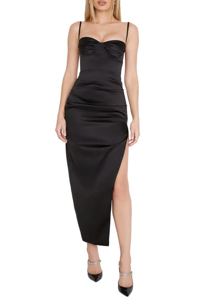 House Of Cb Flora Pleated Satin Midi Dress In Black