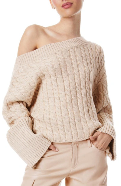 Alice And Olivia Ina Off The Shoulder Wool Blend Cable Sweater In Almond Heather