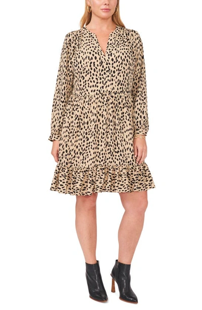 Vince Camuto Ruffle Animal Spot Long Sleeve Dress In Khaki Haze