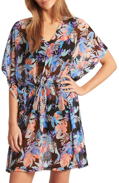 Sea Level Frond Print Caftan Cover-up Dress In Black
