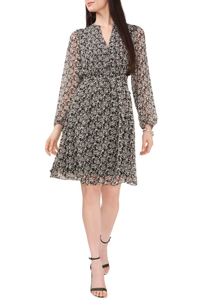Chaus Floral Pintuck Long Sleeve Tie Waist Shirtdress In Black/ Ivory