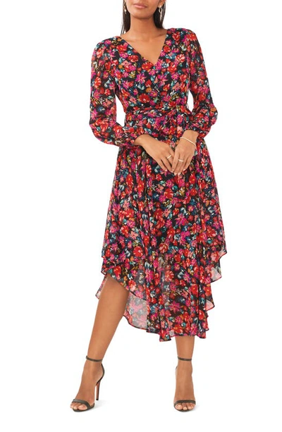 Chaus Floral Button Front Tie Waist Dress In Black/ Pink/ Red