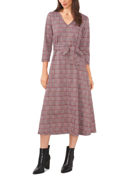 Chaus Plaid Jacquard Tie Waist Midi Dress In Black White Red