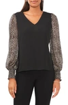 Chaus V-neck Smocked Cuff Blouse In Black/ Gold